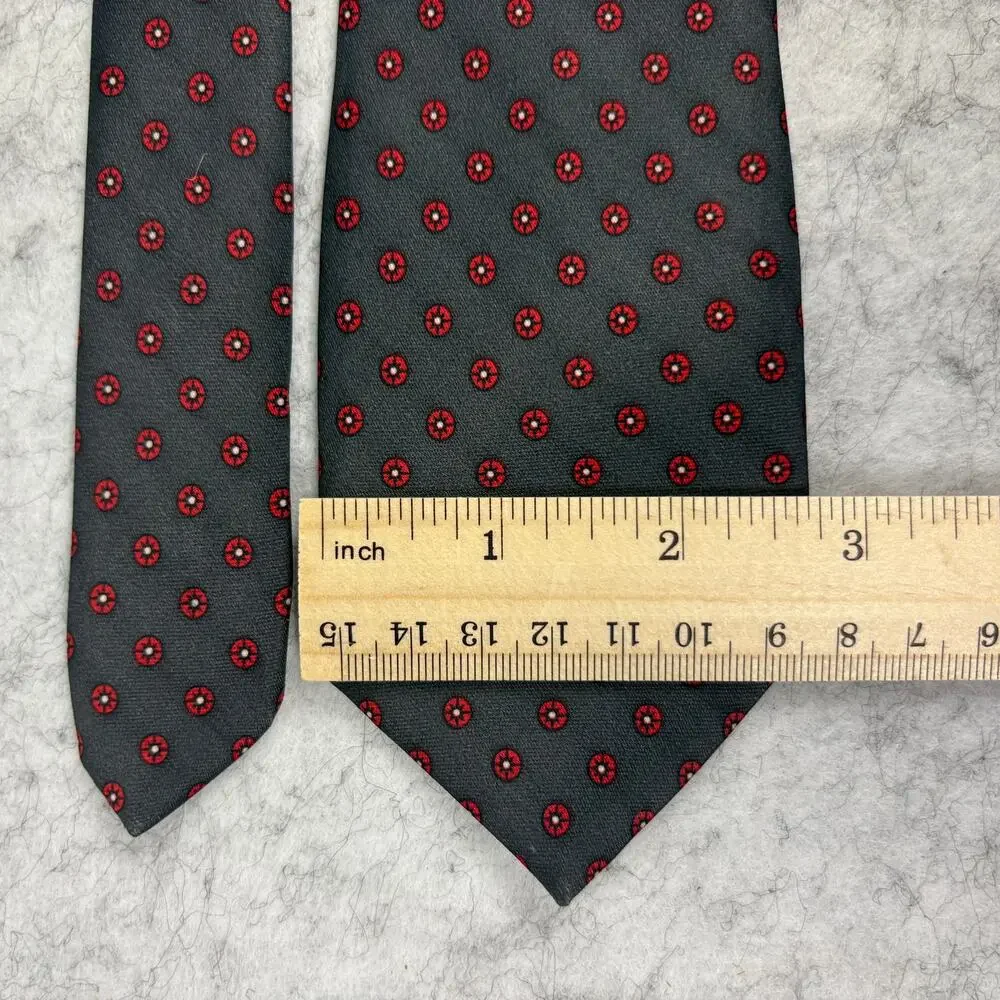 Milano Mens Silk Tie Vintage 1990s Charcoal Gray Red Geometric Medallion